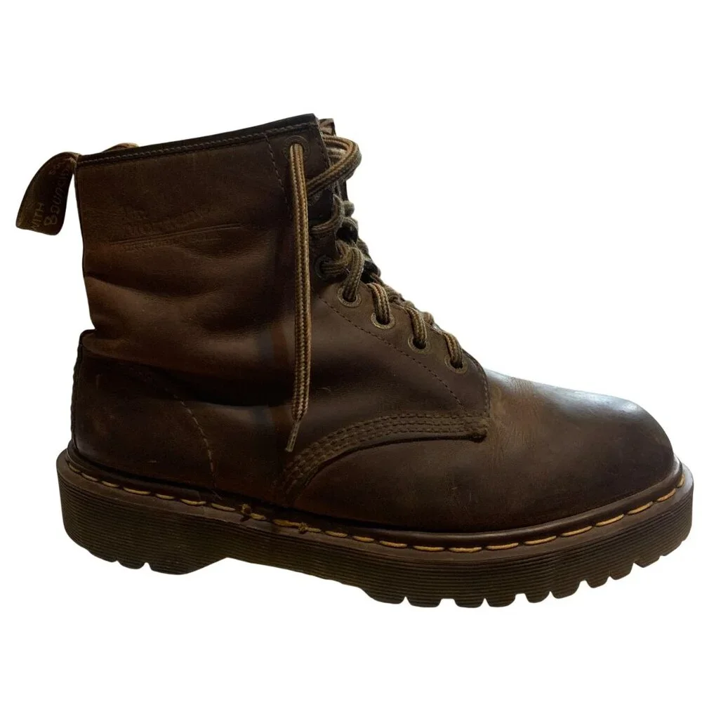 90s Dr.‎ Martens Mens 12 Boots Made In England Brown Lace-Up Inscribed 8 Eyelets